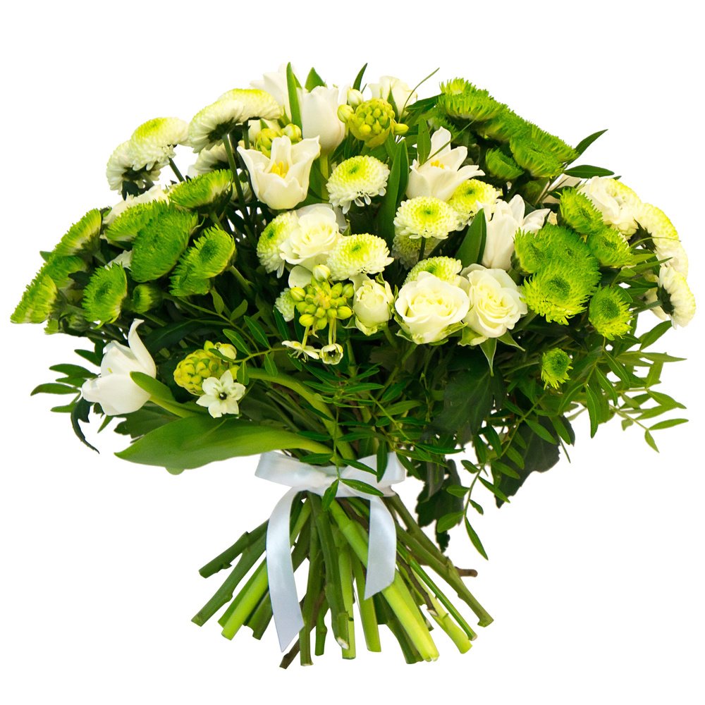 Букет «Зелёный» №1 - кустовая хризантема, белый тюльпан и белая кустовая  роза по цене 9500 ₽ - купить в RoseMarkt с доставкой по Санкт-Петербургу