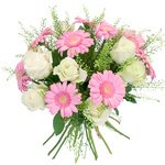 Букет из гербер розовых мини, гринбелла и белых роз - Фотография 1