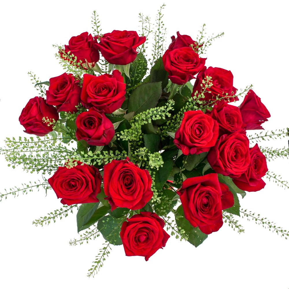 Моника: красные розы с гринбелом