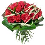 В составе букета аспидистра, гвоздика красная, колоски и красные розы. - Фотография 1