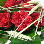 В составе букета аспидистра, гвоздика красная, колоски и красные розы. - Фотография 3