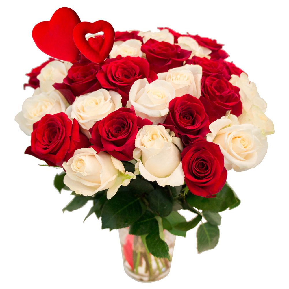 31 красная и белая роза с сердцами