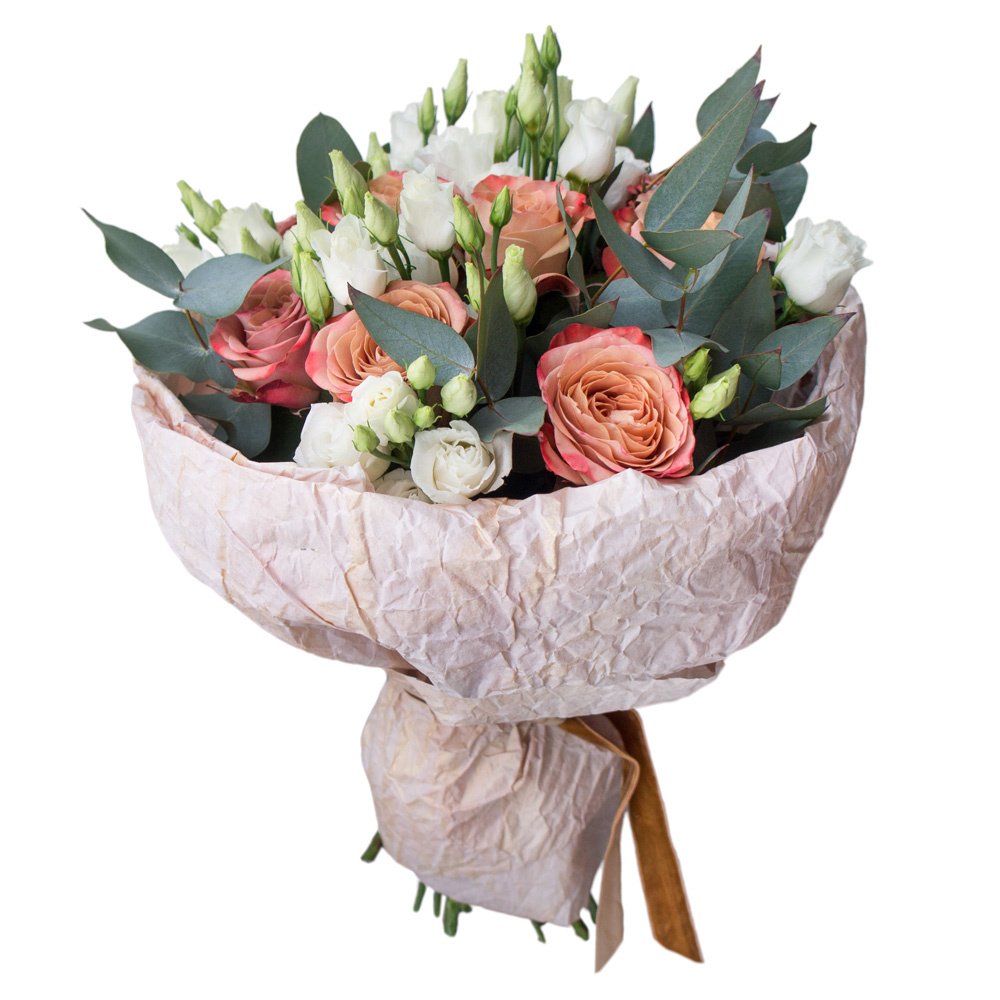 Купить цветы недорого cvbaza. Лизиантус белый. Букет 7 роз эустома эвкалипт. Букет на белом фоне.