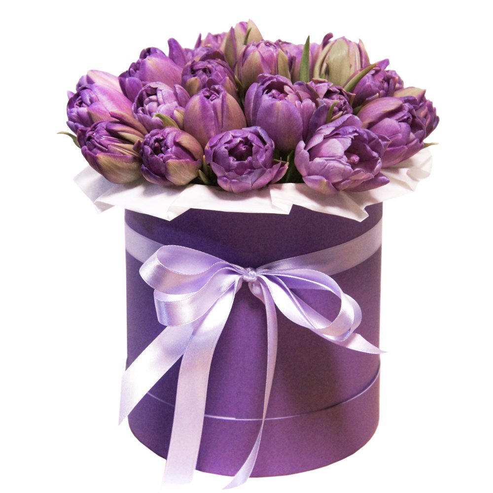 Вивьен: букет сиреневых пионовидных тюльпанов в шляпной коробке