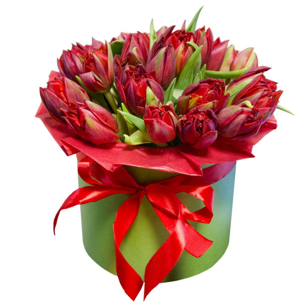 Эми: красные пионовидные тюльпаны в шляпной коробке