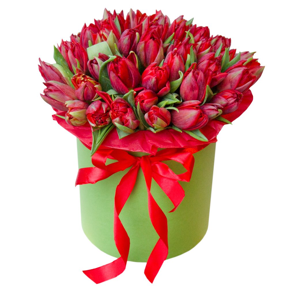 Рори: большой букет красных пионовидных тюльпанов в шляпной коробке