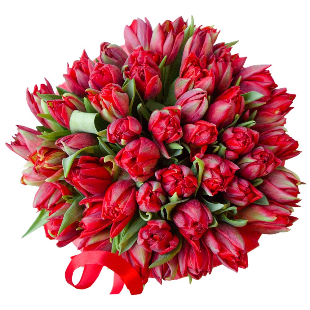 Рори: большой букет красных пионовидных тюльпанов в шляпной коробке