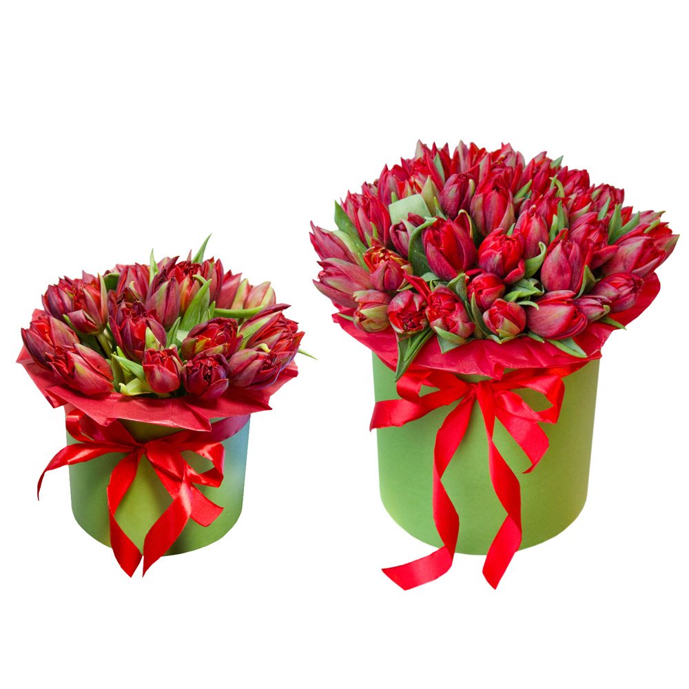 Шляпные коробки с красными пионовидными тюльпанами в Санкт-Петербурге