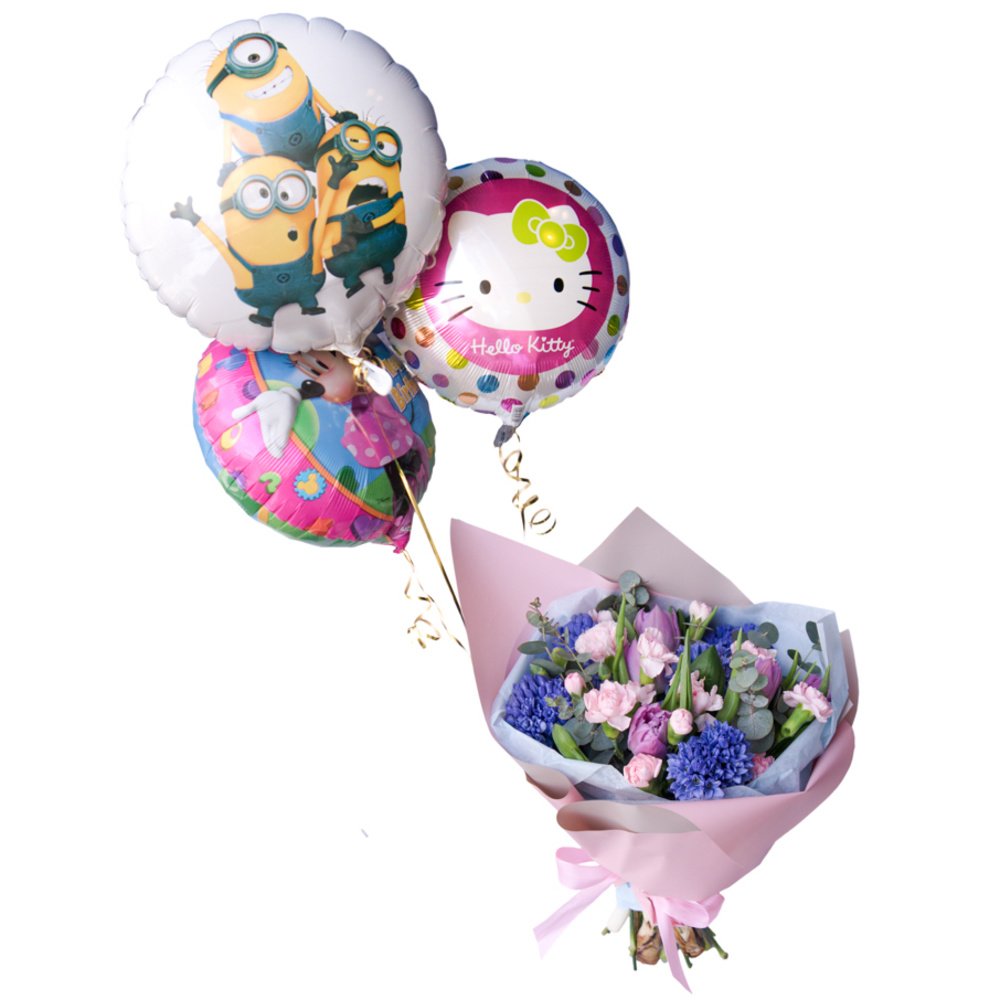 Детский букет из  из гиацинтов, пионовидных тюльпанов и кустовых розовых гвоздик с воздушными шариками в Санкт-Петербурге