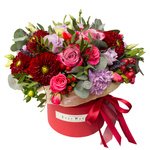 Георгины, кустовые розовые розы, лунные гвоздики, фиолетовые розы и лаванда в шляпной коробке в Санкт-Петербурге - Фотография 1 Георгины, кустовые розовые розы, лунные гвоздики, фиолетовые розы и лаванда в шляпной коробке в Санкт-Петербурге - Фотография 1