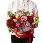 Георгины, кустовые розовые розы, лунные гвоздики, фиолетовые розы и лаванда в шляпной коробке в Санкт-Петербурге - Фотография 2 Георгины, кустовые розовые розы, лунные гвоздики, фиолетовые розы и лаванда в шляпной коробке в Санкт-Петербурге - Фотография 2