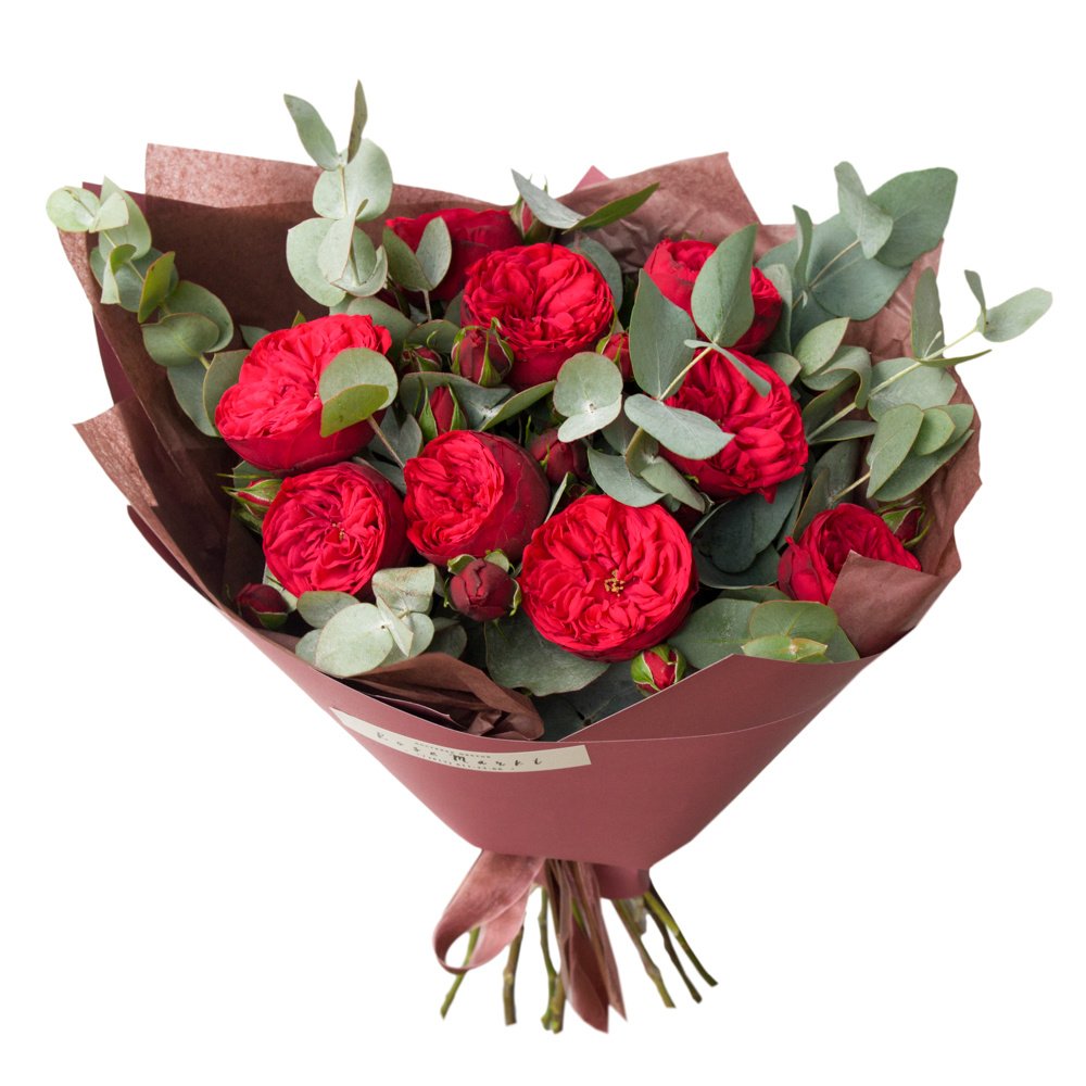 Пионовидные розы Рэд Пиано в упаковке