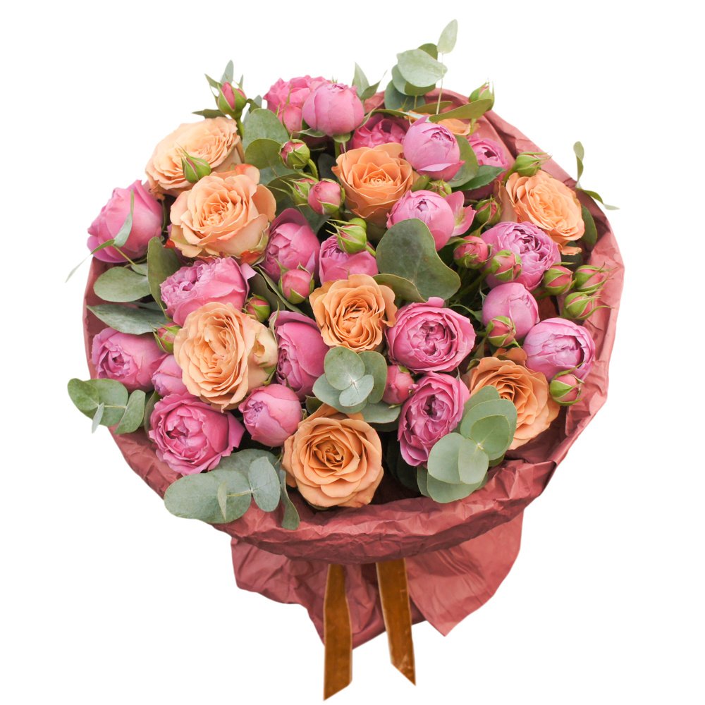 Пионовидные розы Мисти Бабблз и розы Капучино и эвкалиптом в упаковке в Санкт-Петербурге