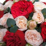 Пионовидные розы Бомбастик и Рэд Пиано с эвкалиптом в шляпной коробке в Санкт-Петербурге - Фотография 4