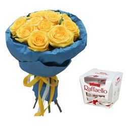 Для самой яркой: жёлтые розы с коробкой конфет Рафаэлло