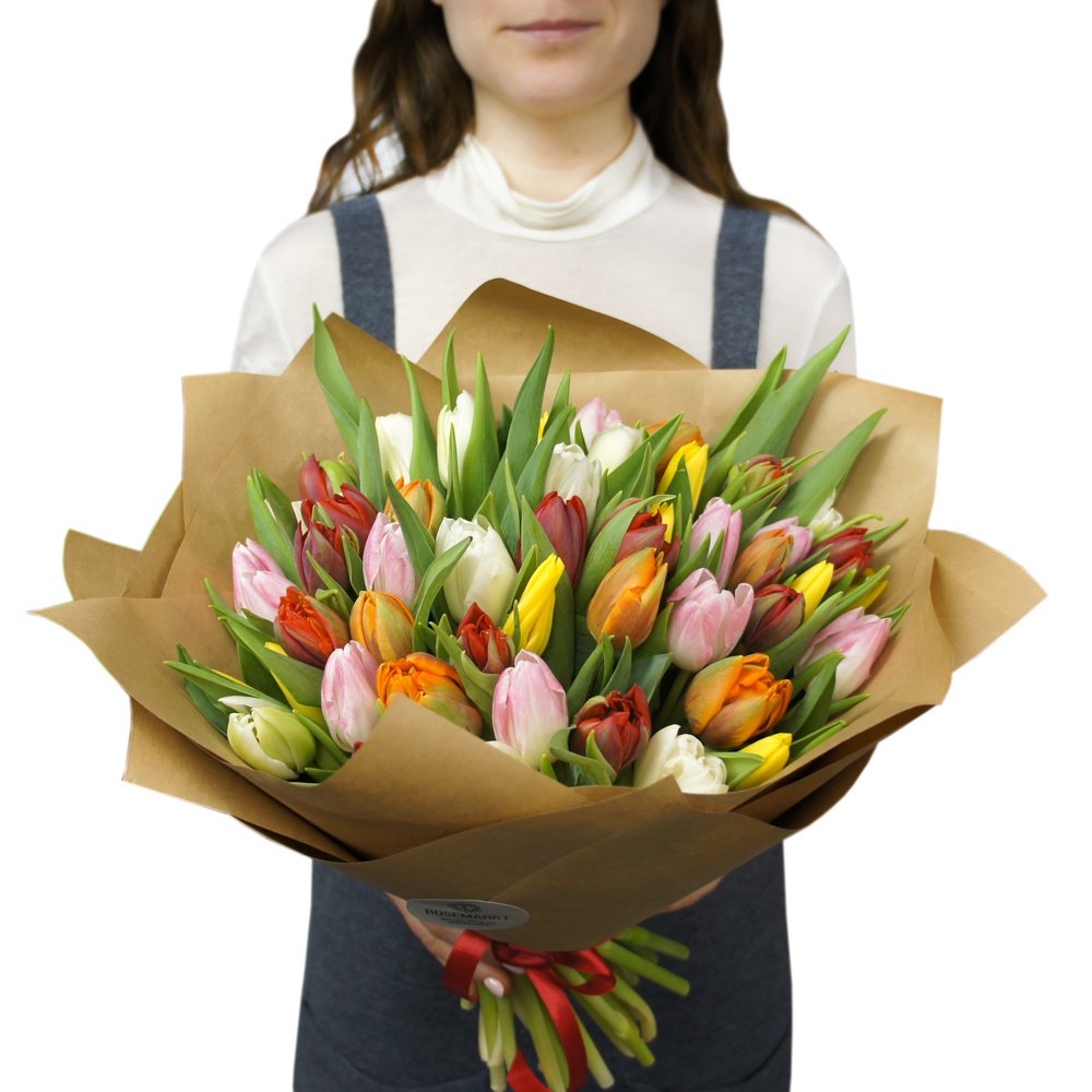Букет из 51 разноцветного тюльпана с доставкой в Санкт-Петербурге
