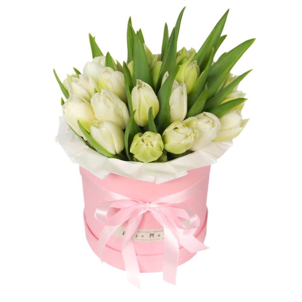 Меган и Гарри: 2 букета белых тюльпанов в шляпных коробках