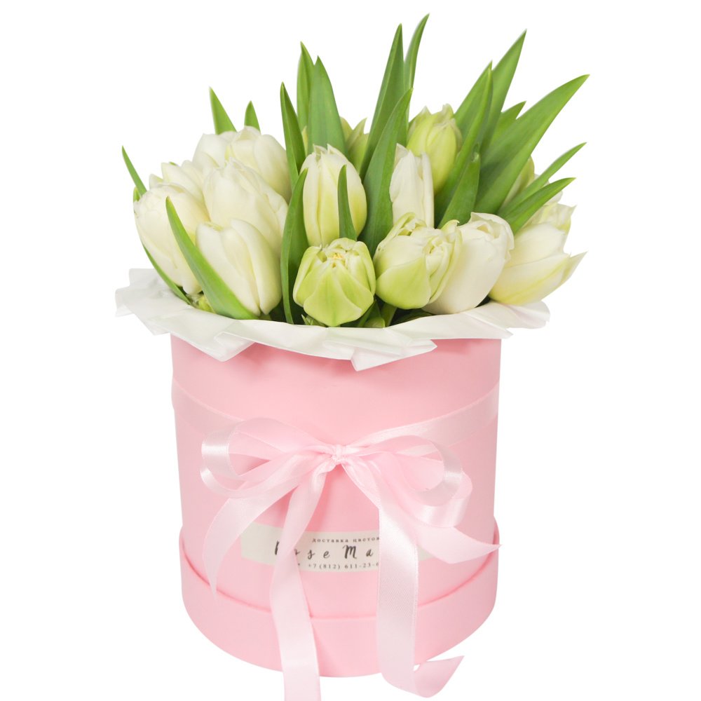 Меган и Гарри: 2 букета белых тюльпанов в шляпных коробках