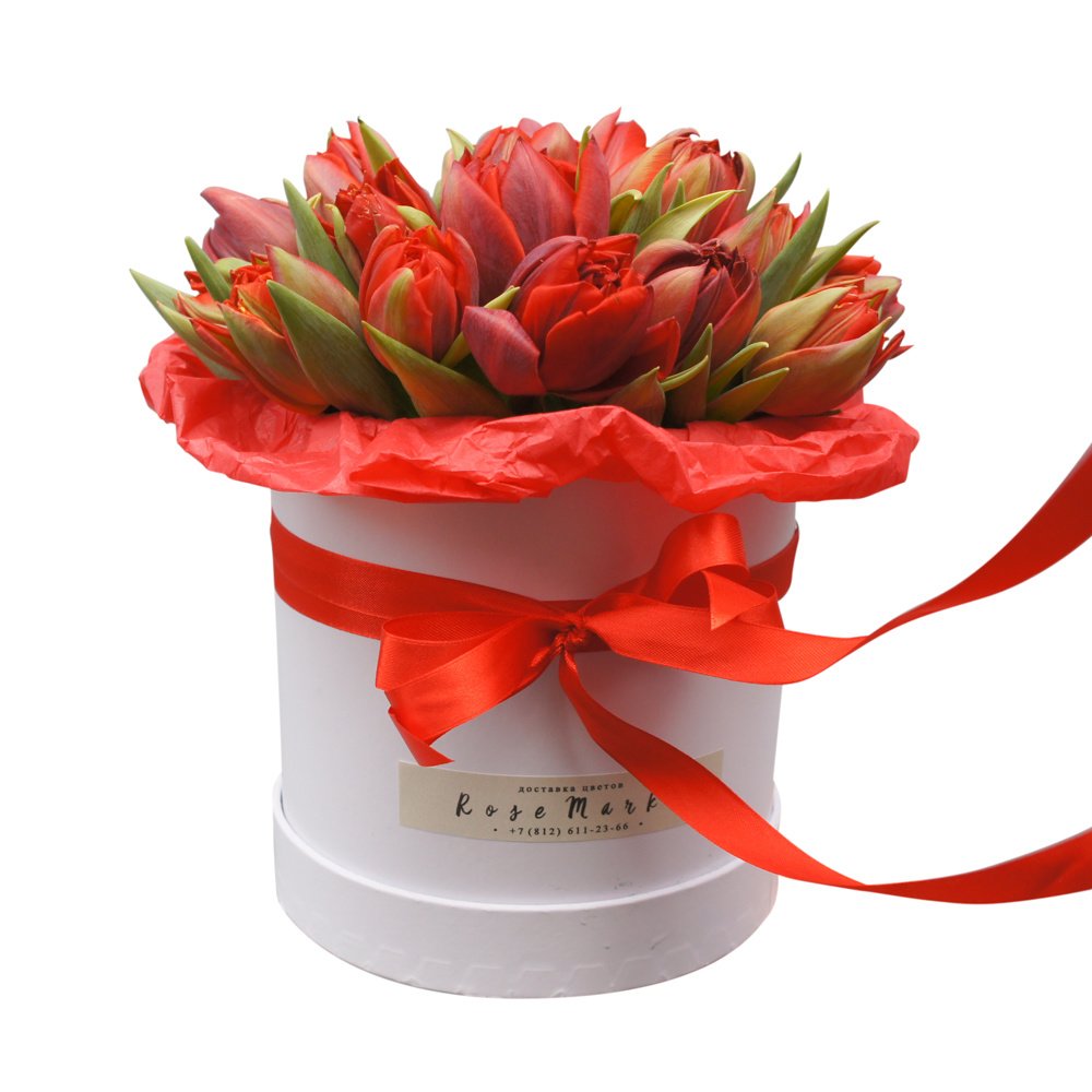 Белла: красные пионовидные тюльпаны в белой шляпной коробке