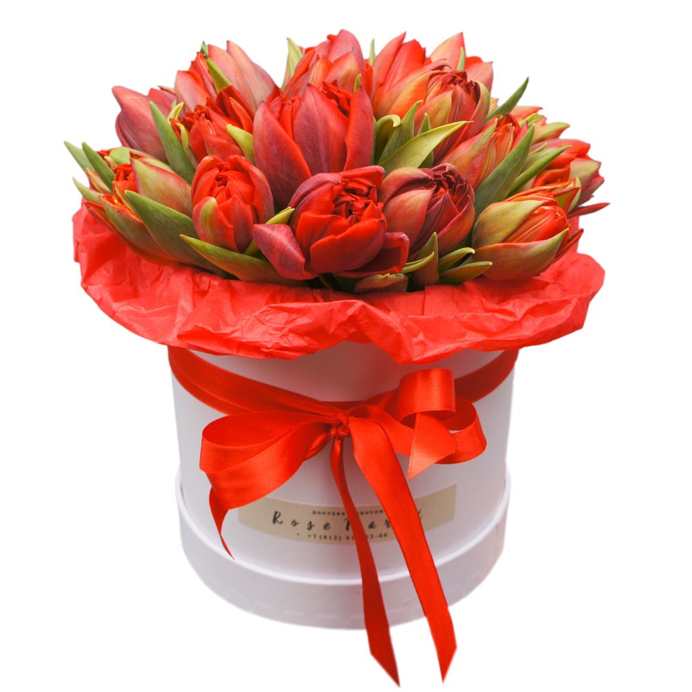 Белла и Эдвард: два букета красных пионовидных тюльпанов в шляпных коробках