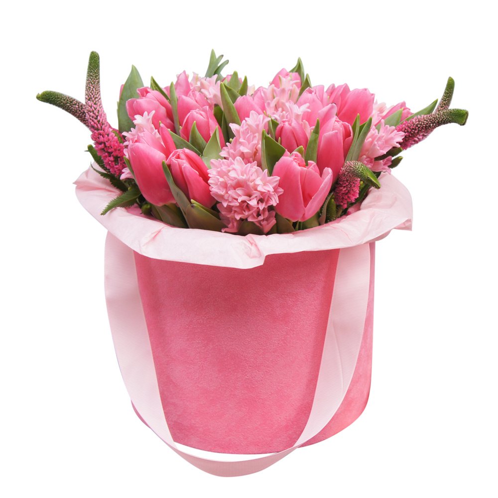 Мадлен: большой букет розовых тюльпанов с гиацинтами