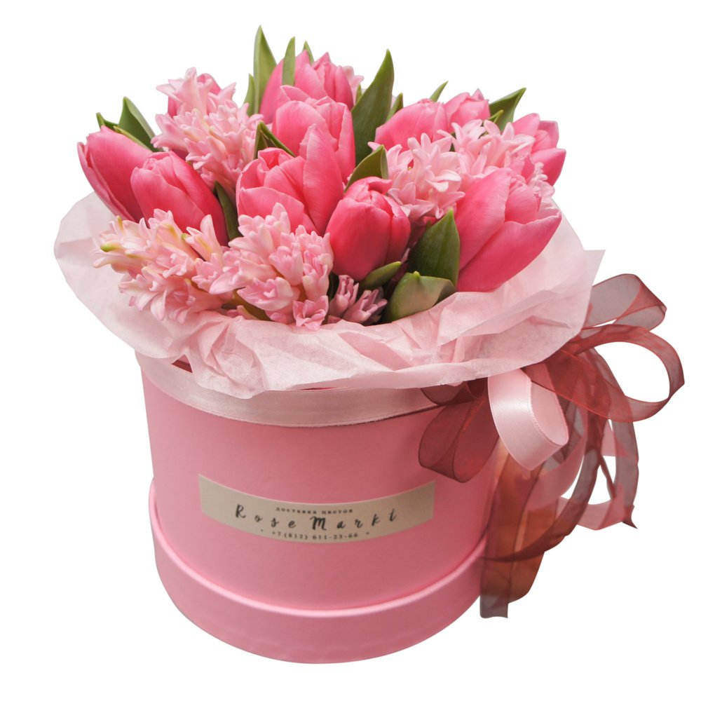 Синди и Кайа: розовые тюльпаны и гиацинты с шляпных коробках