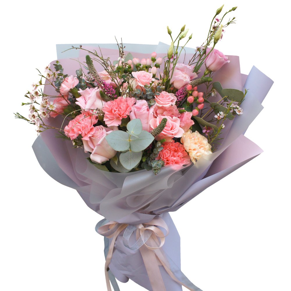 Саранэ: букет в корейском стиле с розовыми розами и гвоздиками