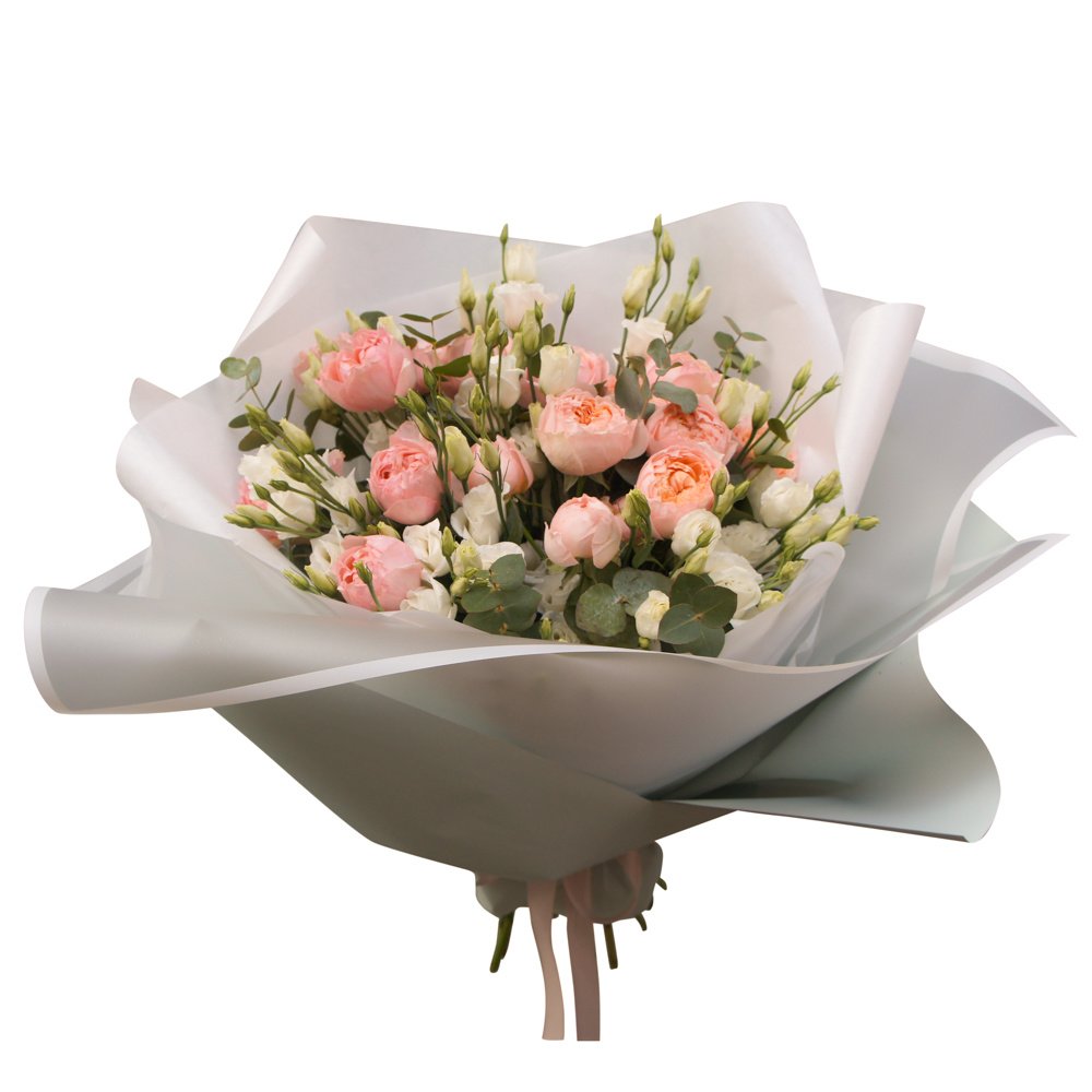 Рококо: пионовидные кустовые розы Джульетта и лизиантус