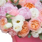 Розовые пионы, кустовая пионовидная роза Джульетта, лизиантус и гвоздика в розовой бархатной шляпной коробке в Санкт-Петербурге - Фотография 3