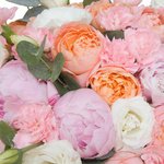 Розовые пионы, кустовая пионовидная роза Джульетта, лизиантус и гвоздика в розовой бархатной шляпной коробке в Санкт-Петербурге - Фотография 5