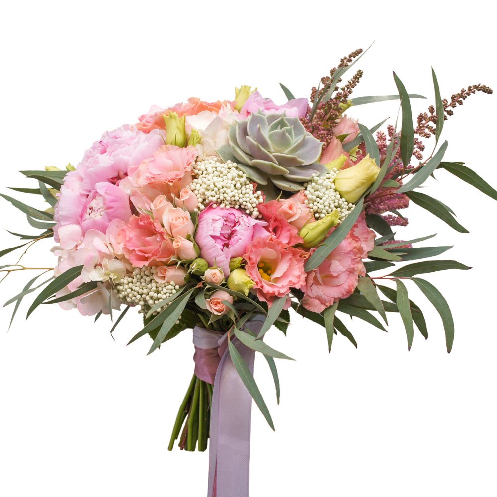 Букет невесты с розовыми пионами, розовой гортензией, лизиантусом и суккулентом в Санкт-Петербурге