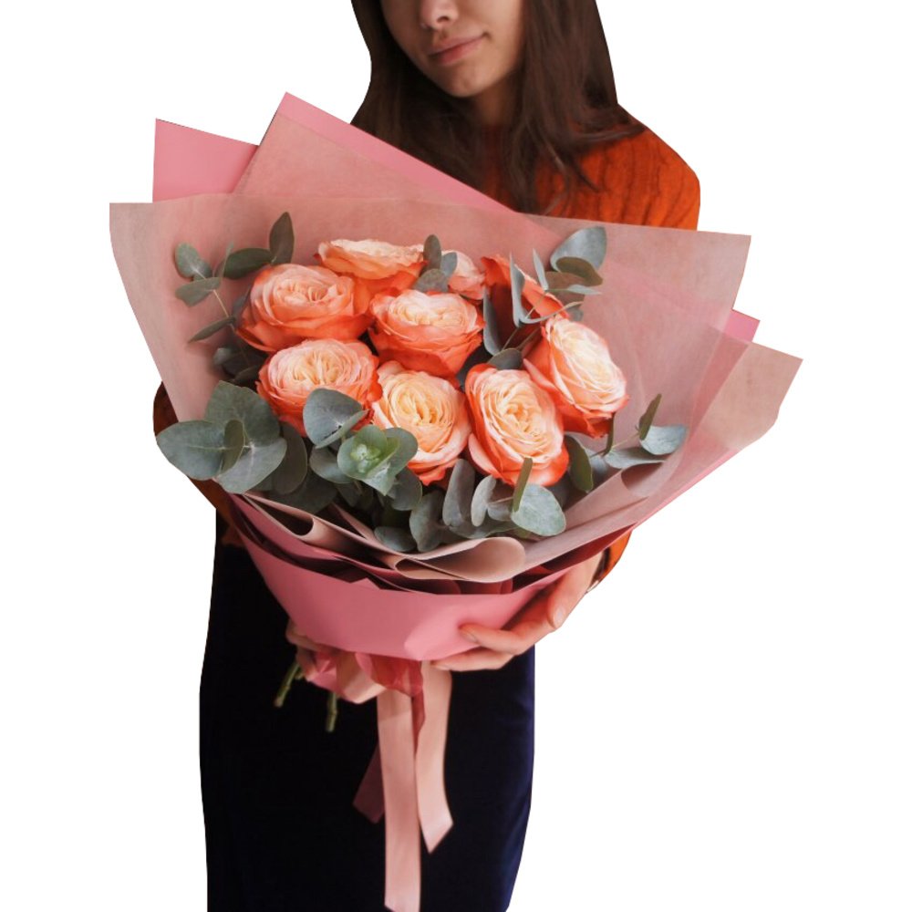 Букет 9 роз Кахала и эвкалипт в корейской упаковке в Санкт-Петербурге