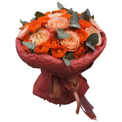 Букет «Зазазу: розы Кахала и кустовые оранжевые» Букет «Зазазу: розы Кахала и кустовые оранжевые»