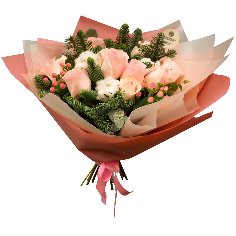 Новогодний букет из 9 розовых роз в Санкт-Петербурге