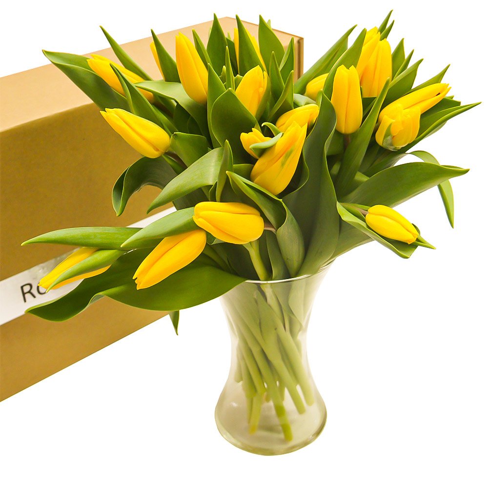 Жёлтые тюльпаны + ваза, 25 цветов в коробке по цене 5125 ₽ - купить в  RoseMarkt с доставкой по Санкт-Петербургу