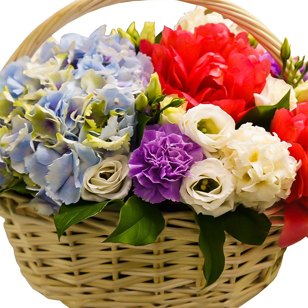 «Дачная»: пионы, гортензия, лизиантусы, гвоздики в корзине