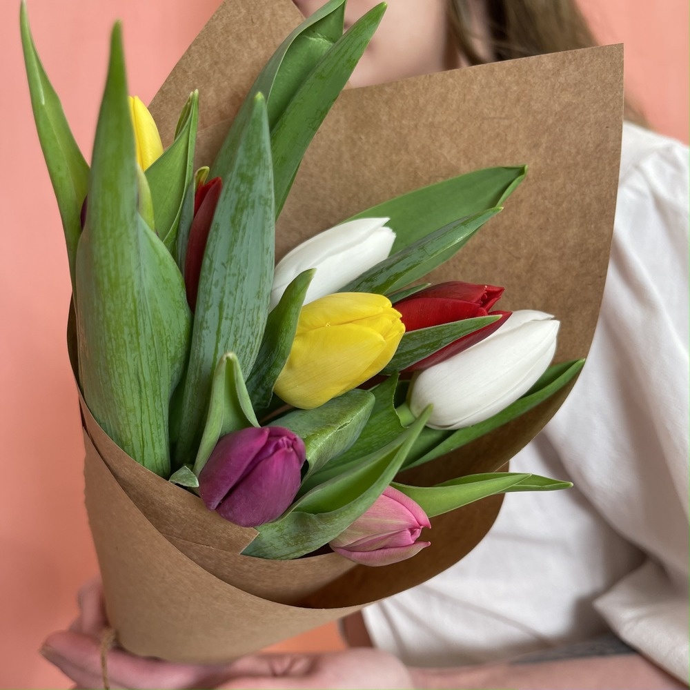 9 разноцветных тюльпанов микс