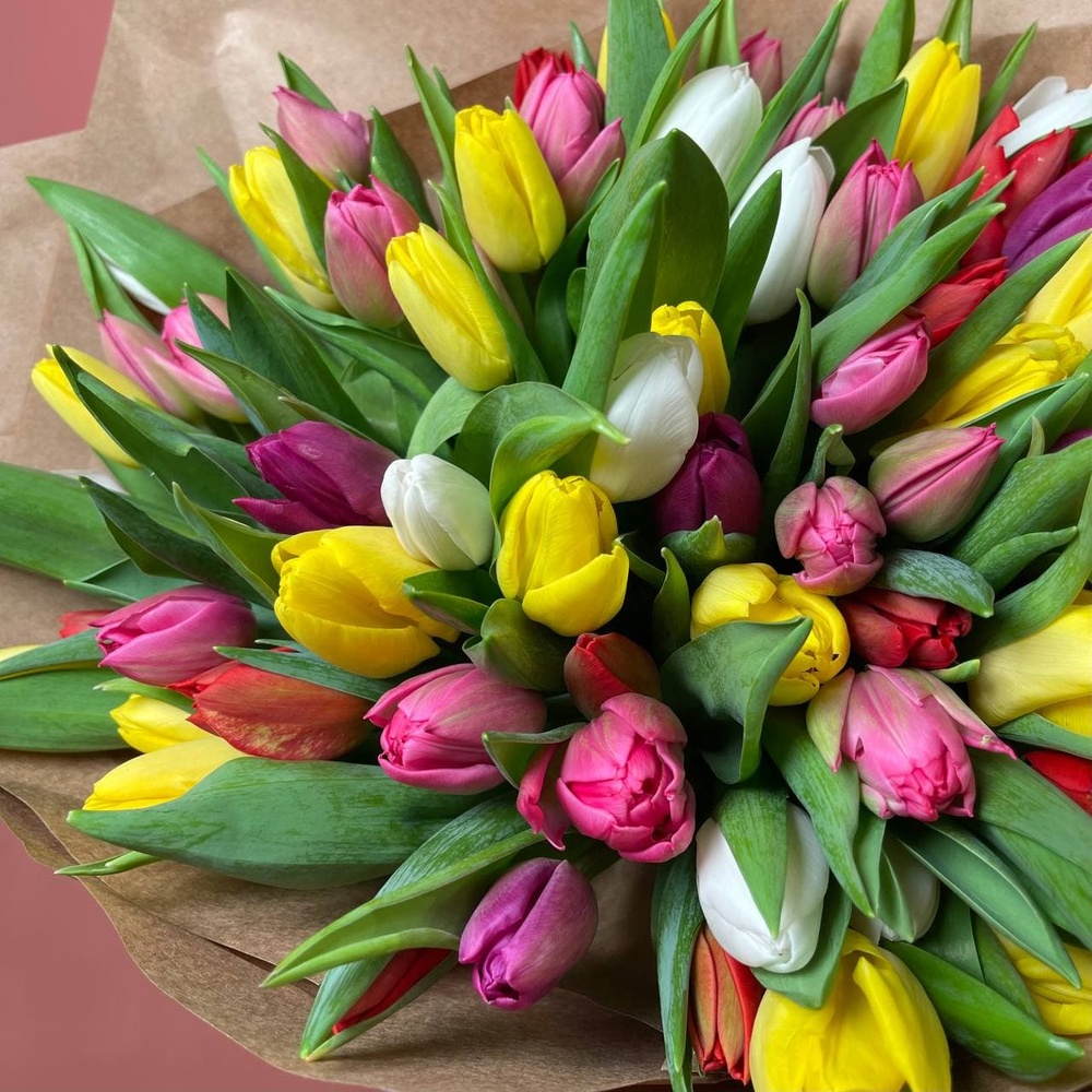 75 разноцветных тюльпанов микс