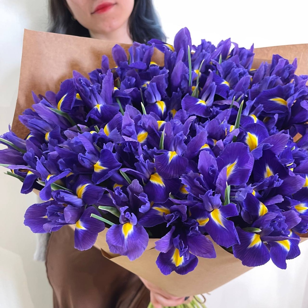 Блю Кюрасао: букет из 45 синих ирисов + аквабокс и коробка-переноска