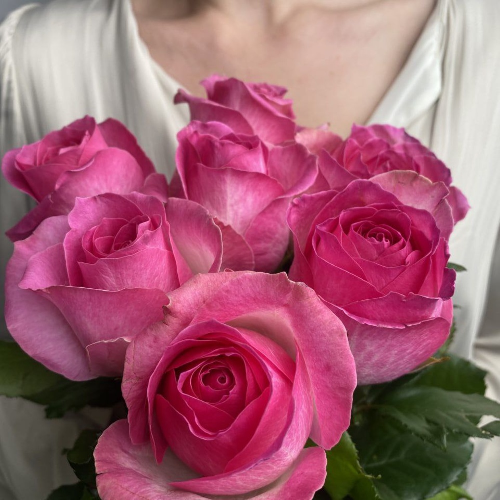 Свежих 7 розовых роз под ленту