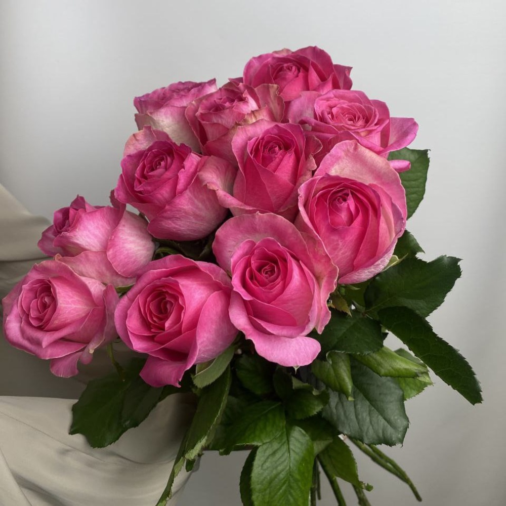 Свежих 11 розовых роз под ленту