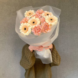 Букет «Медовая роса: кремовые герберы и диантус» Букет «Медовая роса: кремовые герберы и диантус»