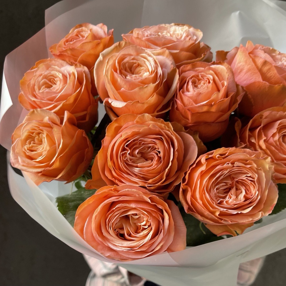 Сочные персики: 11 пионовидных роз Кахала с аквабоксом 