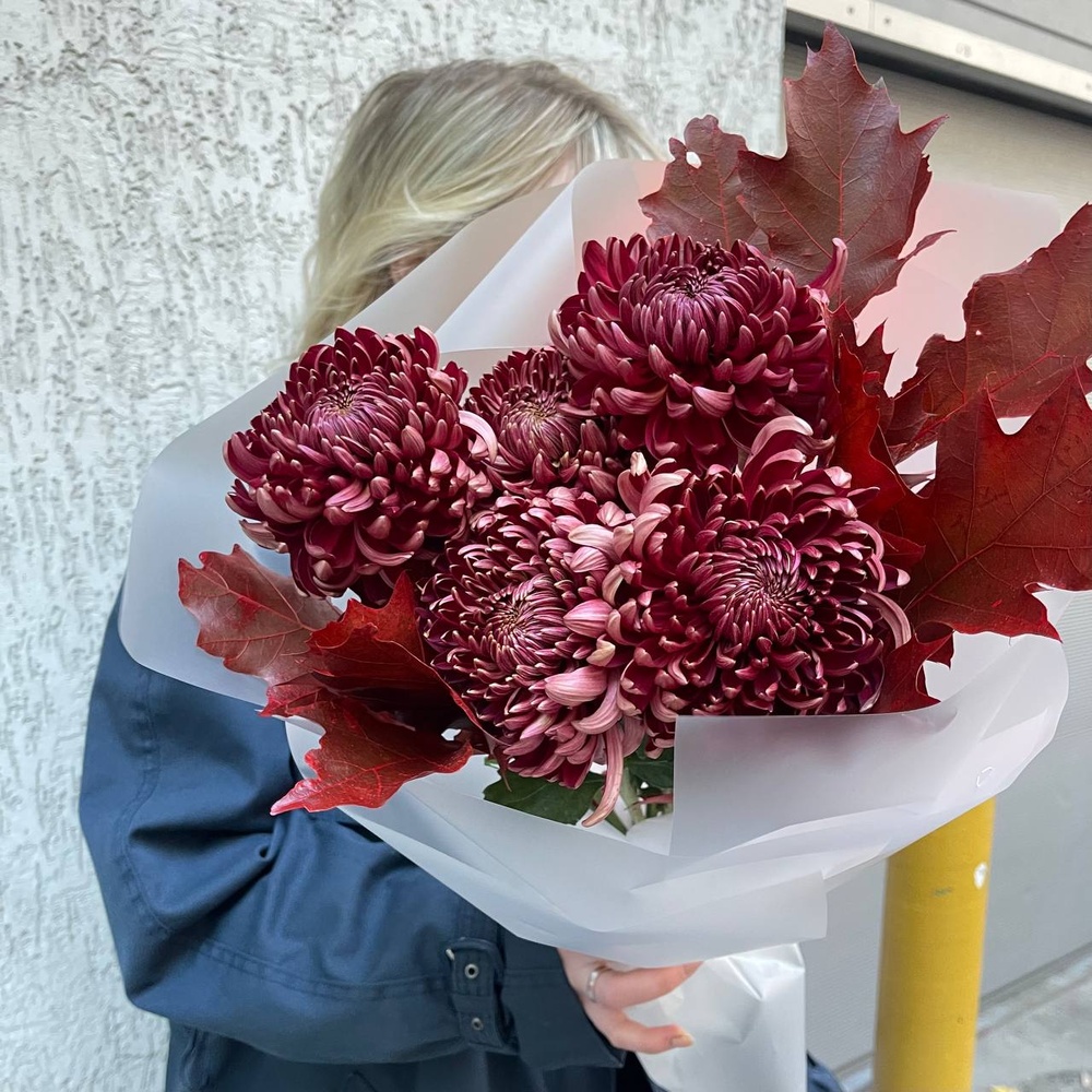 Ночная мгла: сортовая хризантема и листья дуба