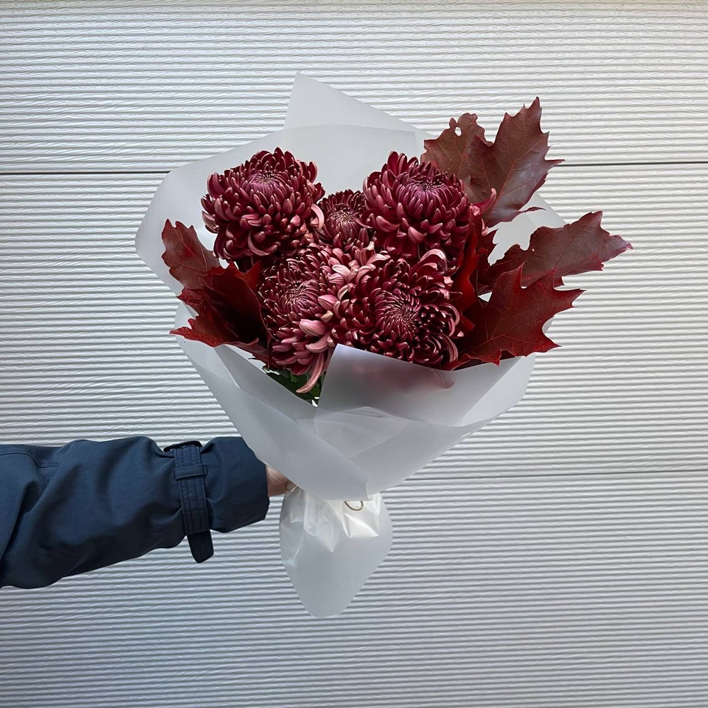 Ночная мгла: сортовая хризантема и листья дуба