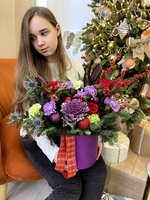 Зимняя композиция в шляпной коробке с доставкой по СПб - Фотография 4