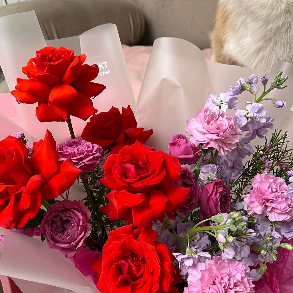 Пушистая любовь: роза Нина, ароматная маттиола и диантус + игрушка для собаки в подарок