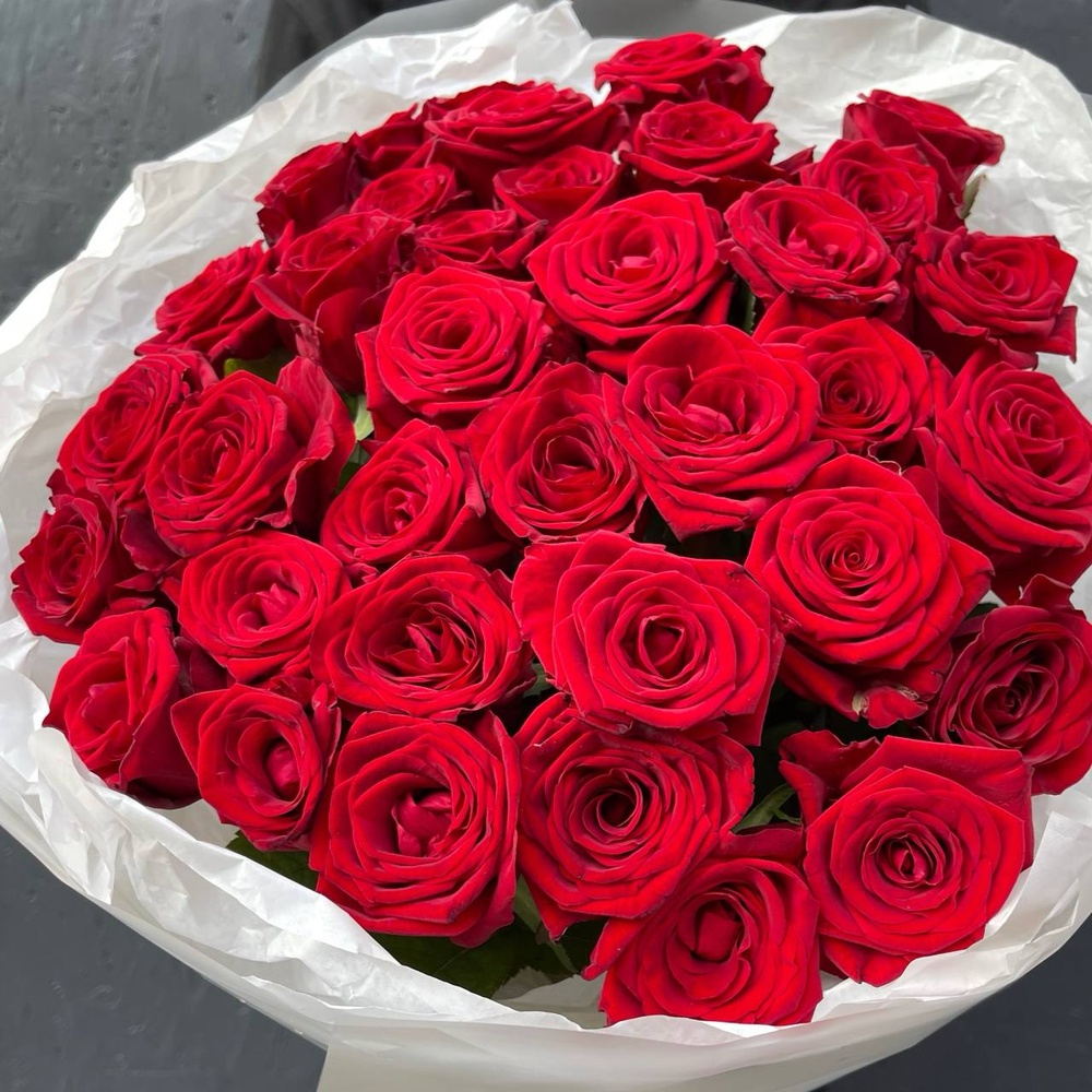 Кровавая Мэри: 35 красных роз с аквабоксом и коробкой-переноской