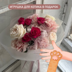Девять жизней: букет из пионовидных и французских роз в воздушной упаковке Девять жизней: букет из пионовидных и французских роз в воздушной упаковке