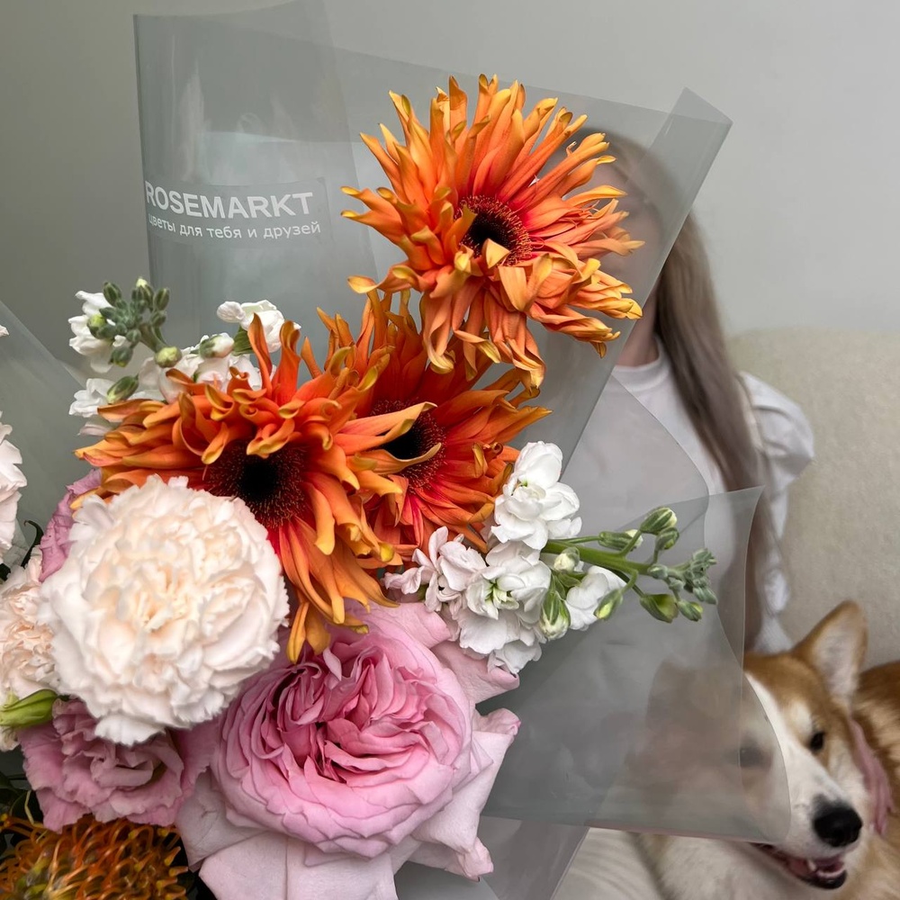 Педигррри: фактурная гербера, стойкий нутан и пионовидная раза + ИГРУШКА ДЛЯ ПИТОМЦА В ПОДАРОК!
